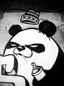 graffiti_character_panda_bear_evil_smile_black_and_white_wall