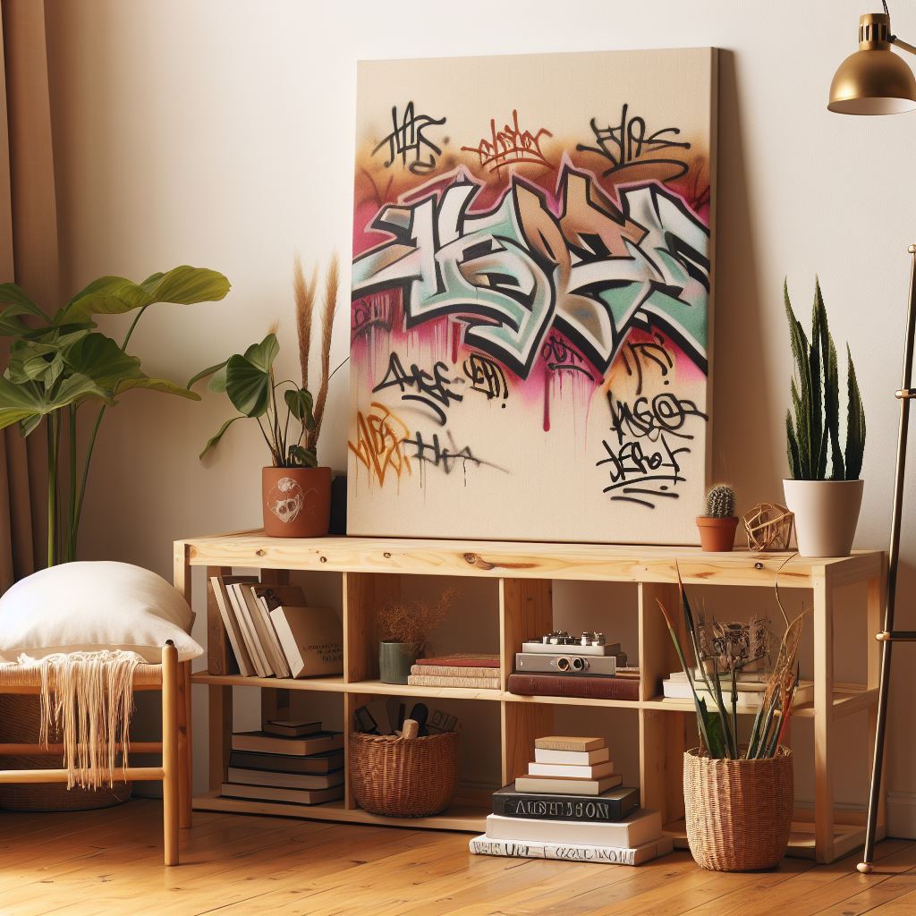 A creative room design that features a graffiti canvas.